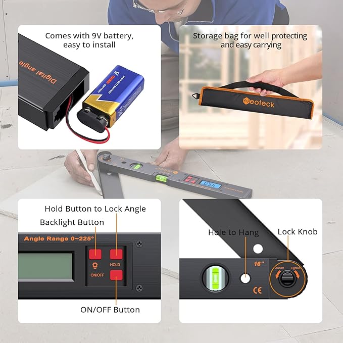 Neoteck Aluminum Digital Angle Finder Protractor 225° 16 inch Backlit LCD - Image 2