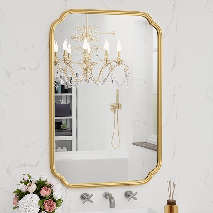 Gold Bathroom Vanity Mirror for Wall 24" x 36" Modern Rounded Rectangle Mirror by FerytangeHome
