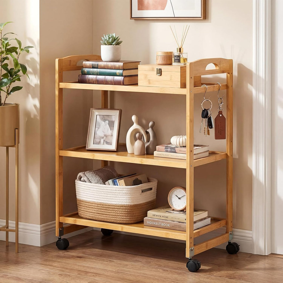 GIANTEX 3-Tier Rolling Storage Cart, Bamboo Utility Cart w/ 3 Side Hooks &amp...