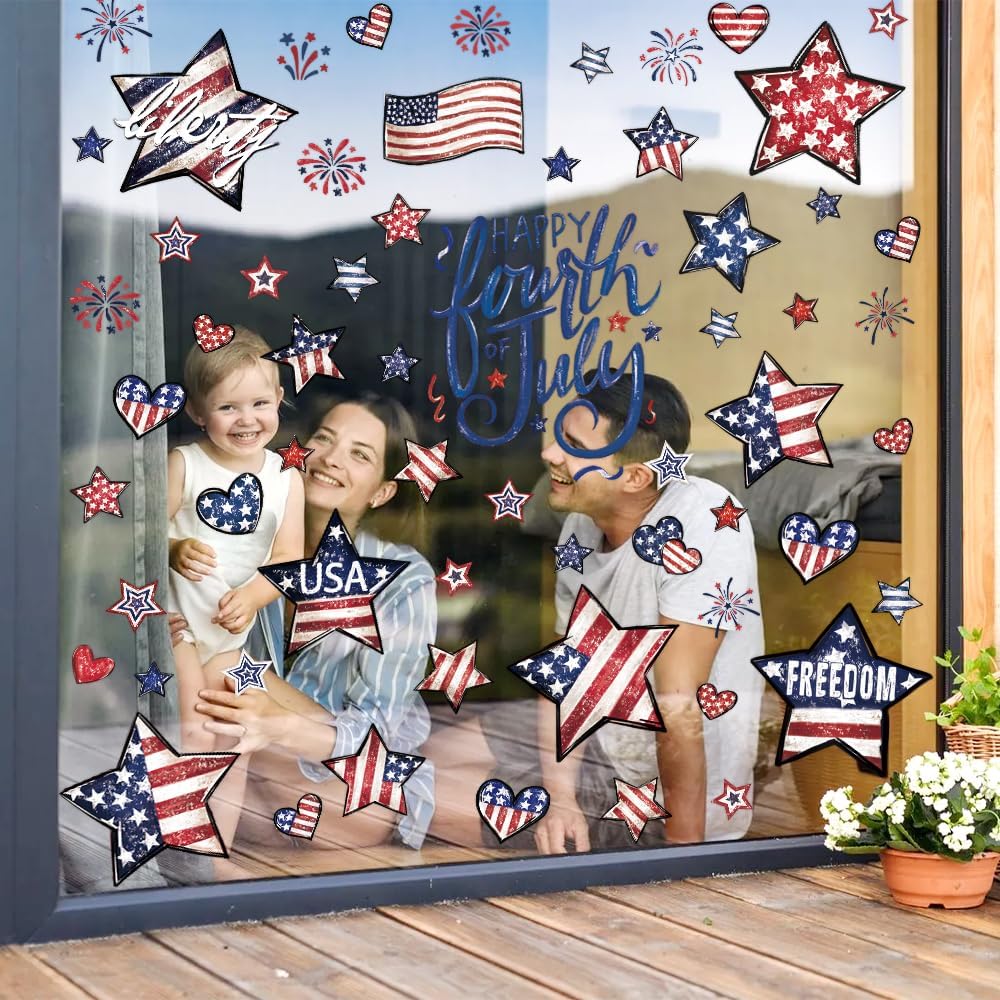 Vellibring 6 Sheet Patriotic Window Clings 4th of July Window Decals Retro Style USA Stars Flag Firework Decor for Independence Day Home Party Glass Mirror Decoration
