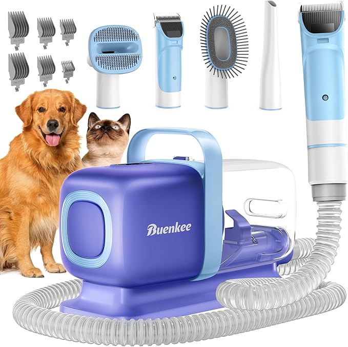 Dog Grooming Kit with Vacuum, 15000Pa Pet Hair Clipper and Shedding Brush by Buenkee