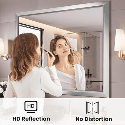 Amorho Bathroom Mirror, 44x36 Inch Silver Thick Metal Framed Wall Mirrors - Image 2