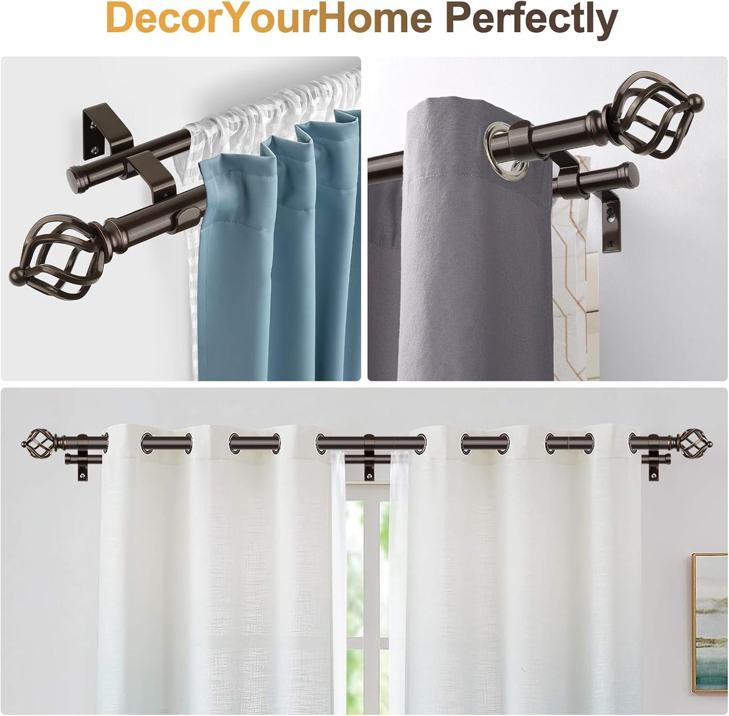 KAMANINA Double Curtain Rods for Windows 72 to 144 Inches Bronze | Heavy Duty 7/8 In, Adjustable, Long Dual Drapery Rod for Living Room, Bedroom, Easy Install, Decorative Twisted Cage Finials