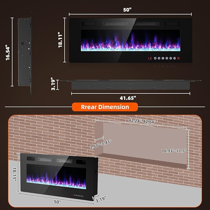 Electric Fireplace-60 inch Fireplace Wall Mount/Recessed/Free Standing-Ultra - Image 7