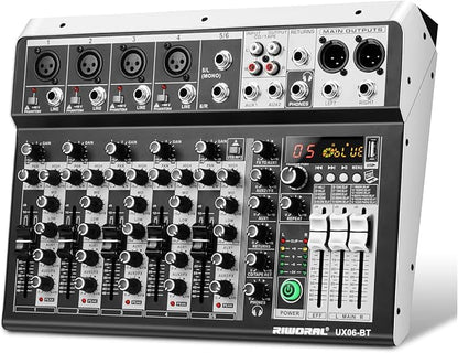 6 Channel Audio Interface Sound Board Mixing Console 16-Bit DSP DJ Mixer Audio by RiworalAudio