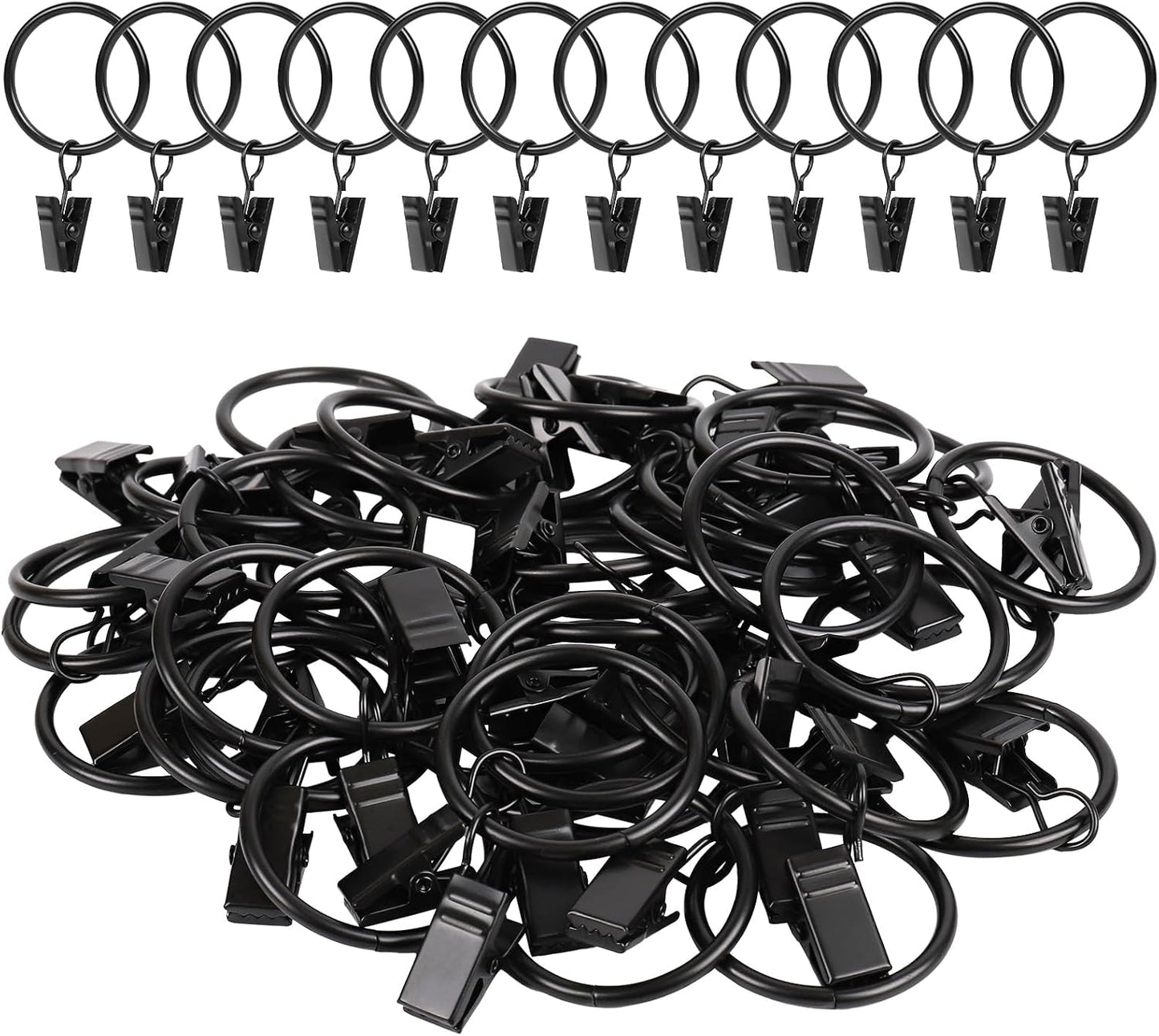 Curtain Rings with Clips, 42 Pack Metal Drapery Rings with Clips Hooks Hangers for Hanging Drapes Bows Hats, Drapes Rings 1.26 in Interior Diameter, Fits Up to 1 in Curtain Rod, Black