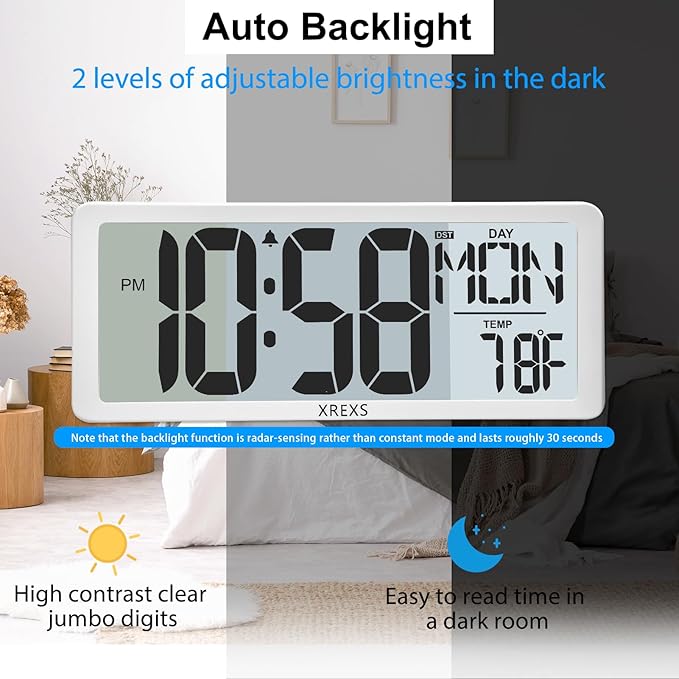 XREXS Digital Wall Clock with Backlight, 14.17 Inch Large Wall Clock with - Image 2