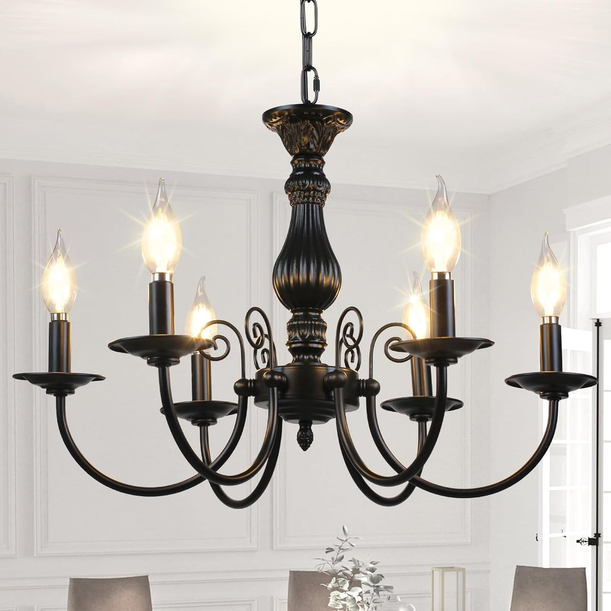6-Light Farmhouse Chandelier for Dinning Room,Vintage Black Candle Hanging Pe...
