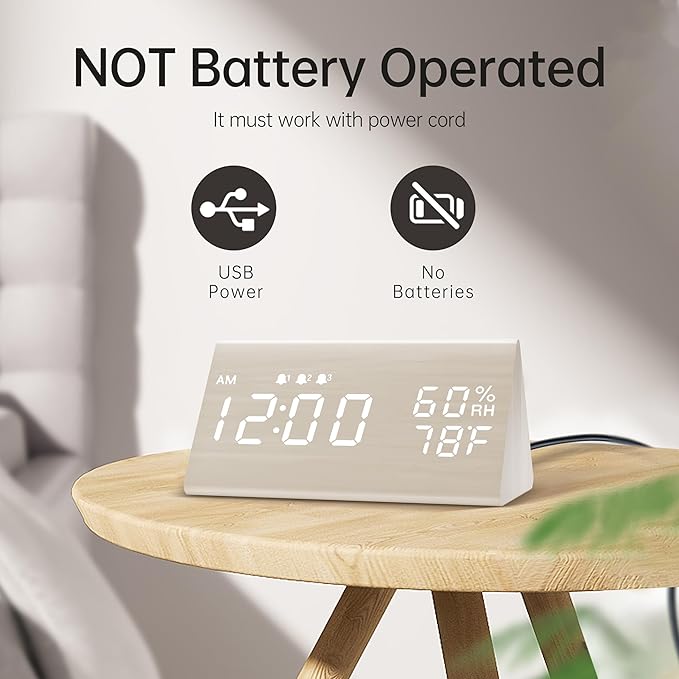 Digital Alarm Clock, with Wooden Electronic LED Time Display, 3 Alarm Settings - Image 3