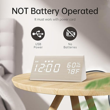 Digital Alarm Clock, with Wooden Electronic LED Time Display, 3 Alarm Settings - Image 3