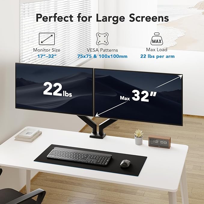 HUANUO Dual Monitor Mount for 2 Monitors up to 32 inches, Each Arm Holds Max - Image 2
