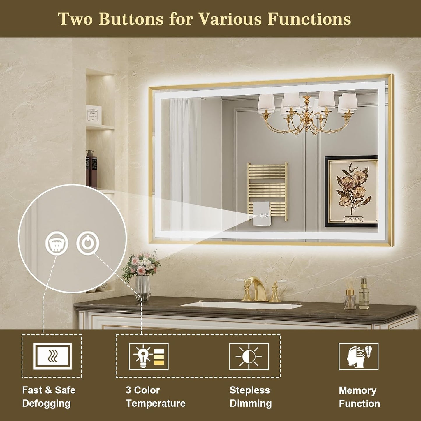 LED Bathroom Mirror 30"x36" Inch Brushed Gold Metal Frame Lighted Bathroom Vanity Mirror with Lights, Brighter Frontlit and Backlit Light up Anti Fog Mirror, 3-Color Dimmable, Memory Function