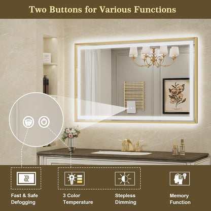 LED Bathroom Mirror 30"x36" Inch Brushed Gold Metal Frame Lighted Bathroom Vanity Mirror with Lights, Brighter Frontlit and Backlit Light up Anti Fog Mirror, 3-Color Dimmable, Memory Function