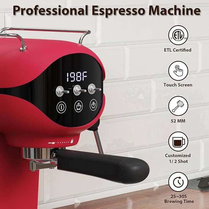 Espresso Machine with Steam Milk Frother Semi Automatic 20 Bar Compact Red with - Image 3