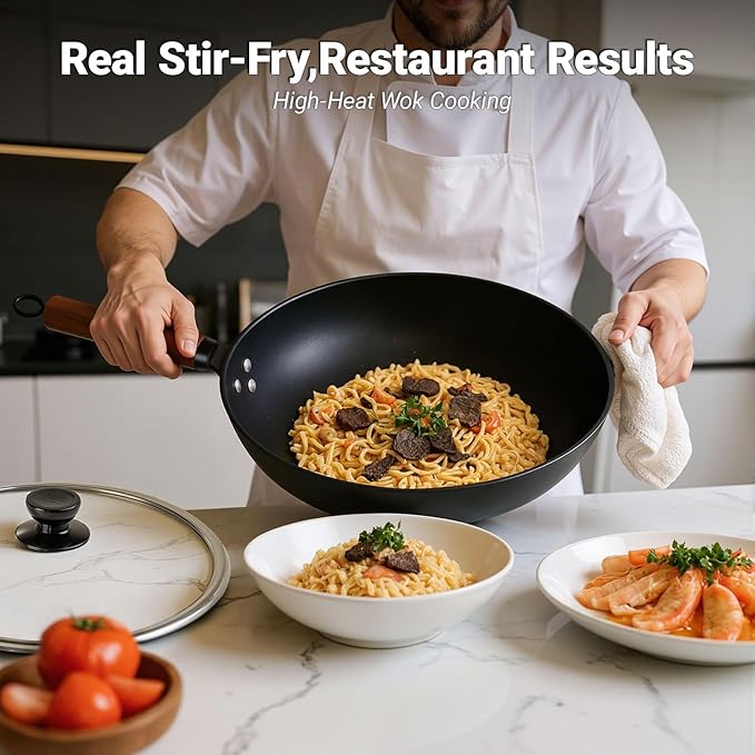 Carbon Steel Wok Pan, Nitrided Pre-Seasoned Round Bottom Woks & Stir-Fry Pans - Image 4