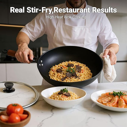 Carbon Steel Wok Pan, Nitrided Pre-Seasoned Round Bottom Woks & Stir-Fry Pans - Image 4
