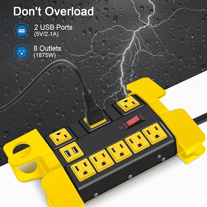 Heavy Duty Power Strip with USB, Workshop 8 Outlet Surge Protector 2700 Joules - Image 2