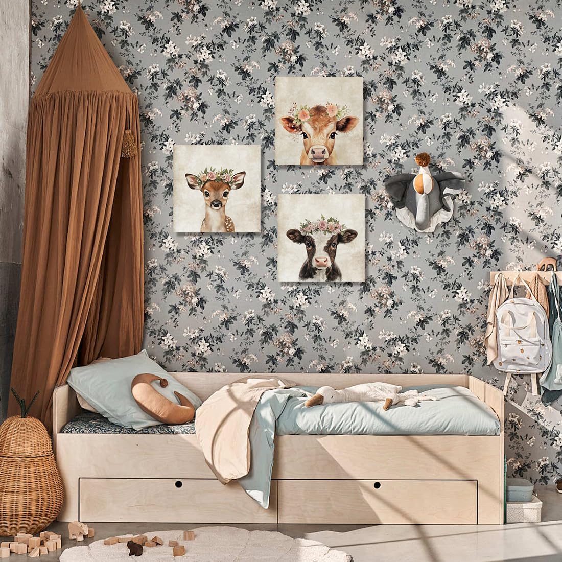 ORIDOMY Cute Deer Wall Art for Baby Nursery Wildlife Deer Wearing Wreath Wall Pictures Vintage Animal Portrait Photo Painting for Farmhouse Bedroom Bathroom Home Office Decor Kids Gifts 12"x12"