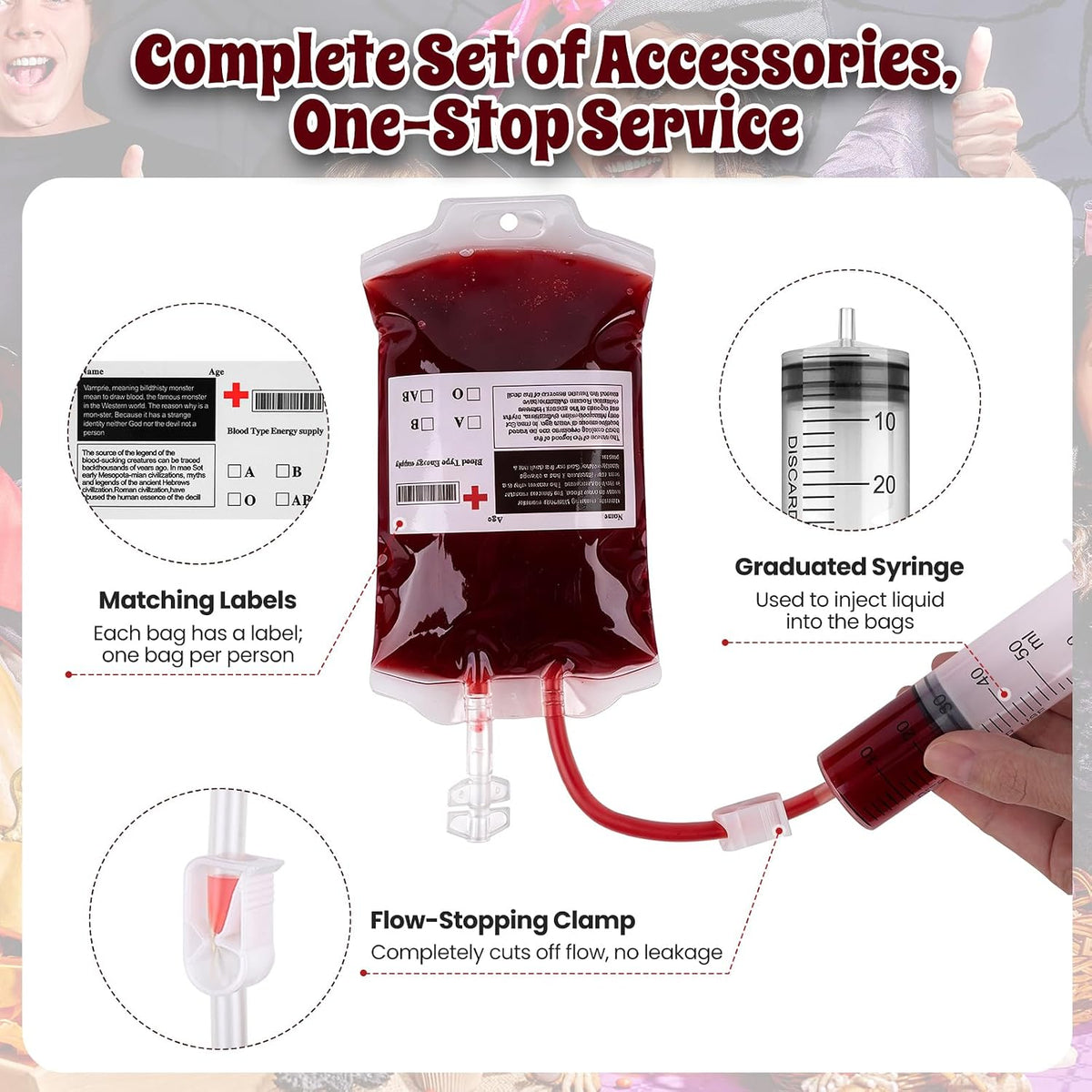 50 Pack Blood Bags for Drinks, 12oz Halloween Reusable Drinks Pouches