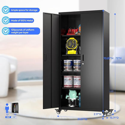 Garage Storage Cabinet with Wheels, Metal Storage Cabinet with 4 Adjustable - Image 5