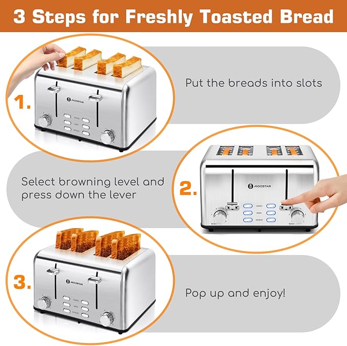 Aigostar Toaster 4 Slice 1.6" Wide Slot Stainless Steel Toasters - Image 6