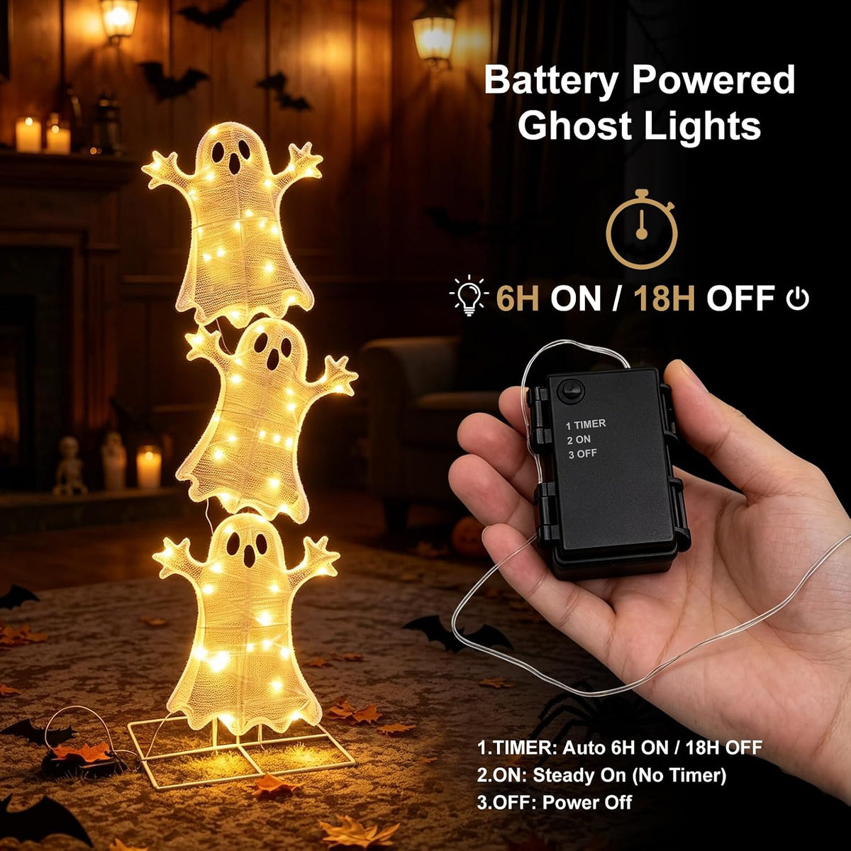 Halloween Decorations Lighted 3 Stacked Ghosts, Freestanding LED Ghost Yard S...