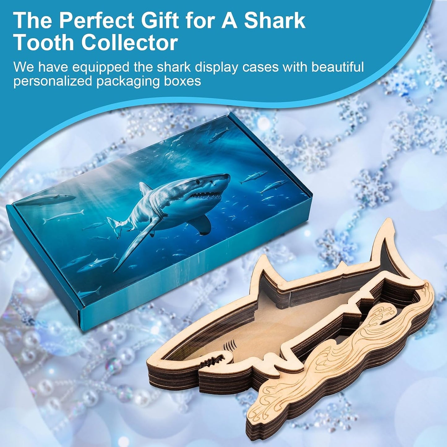 Shark Tooth Display Case 8.7 Inch,Wooden Shark Tooth Holder,Wood Shark Tooth Shadow Box,Shark-Shaped Display for Shark Tooth Collectors,Gifts for Vacation Beach Home Decor