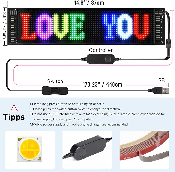 RAYHOME Scrolling Bright Advertising LED Signs, Flexible USB 5V LED Car Sign - Image 6