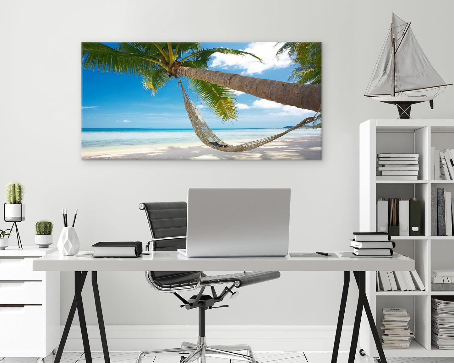 Muolunna BK6850 Beach Wall Art Canvas Prints - Tropical Palm Tree Hammock Seascape Picture Ocean Landscape Artwork for Living Room Bedroom Bathroom Office Home Decor, Large Framed 20x40 inch
