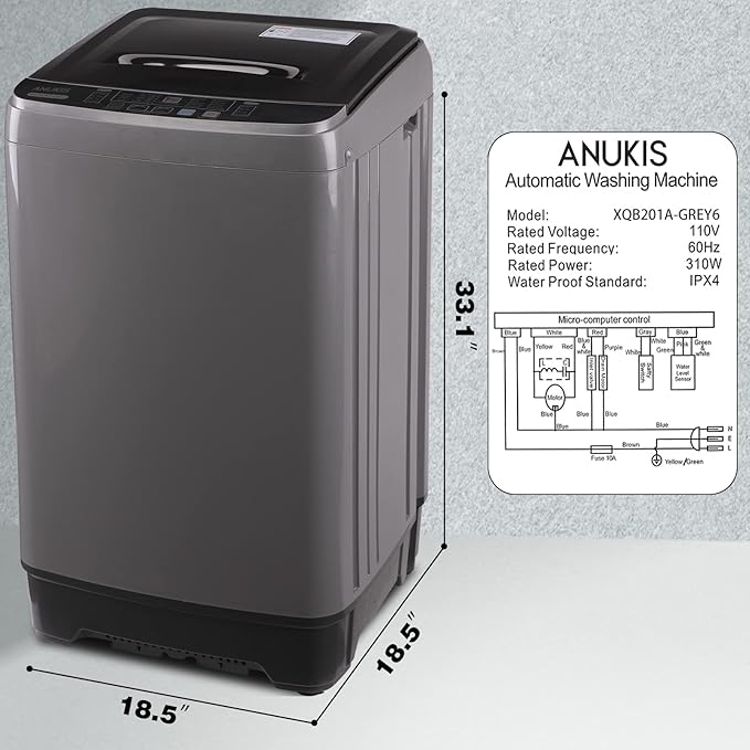 Anukis Fully Automatic Washing Machine, 13 lbs Capacity Compact Laundry Washer - Image 3