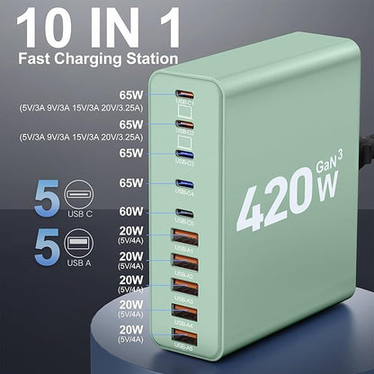 420W USB C Charger Block, 10-Port Charging Station GaN Fast Charging Type C & - Image 2