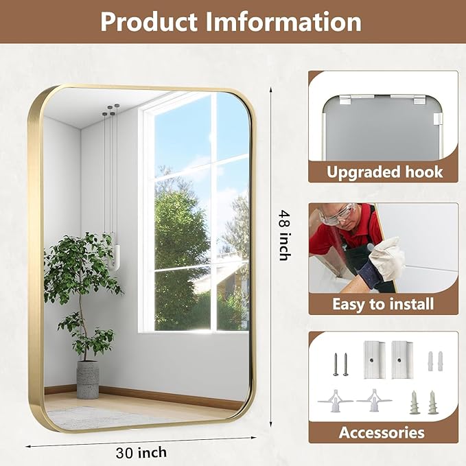 48x30 Inch Gold Bathroom Mirror, Brushed Gold Metal Framed Rectangular Mirror - Image 5