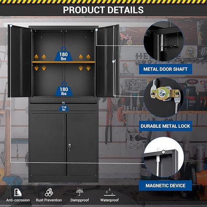 71" Metal Cabinet-Black Heavy Duty Storage File Cabinet Steel Tool Cabinets - Image 6