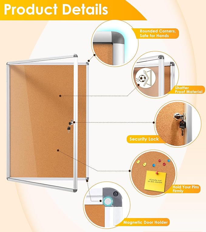 SWANCROWN Enclosed Bulletin Cork Board 36x24 in, Lockable Bulletin Board - Image 3