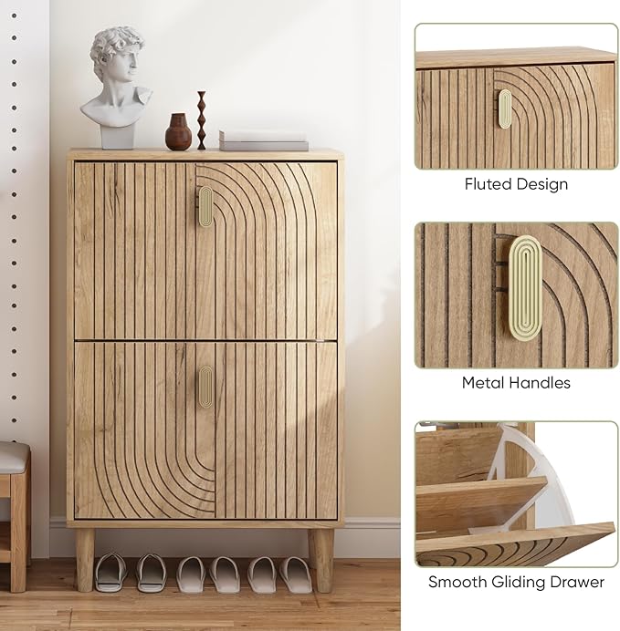 Smuxee Shoe Cabinet with 2 Flip Drawers, 23.6" Oak Hidden Shoe Storage Cabinet - Image 4