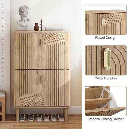 Smuxee Shoe Cabinet with 2 Flip Drawers, 23.6" Oak Hidden Shoe Storage Cabinet - Image 4