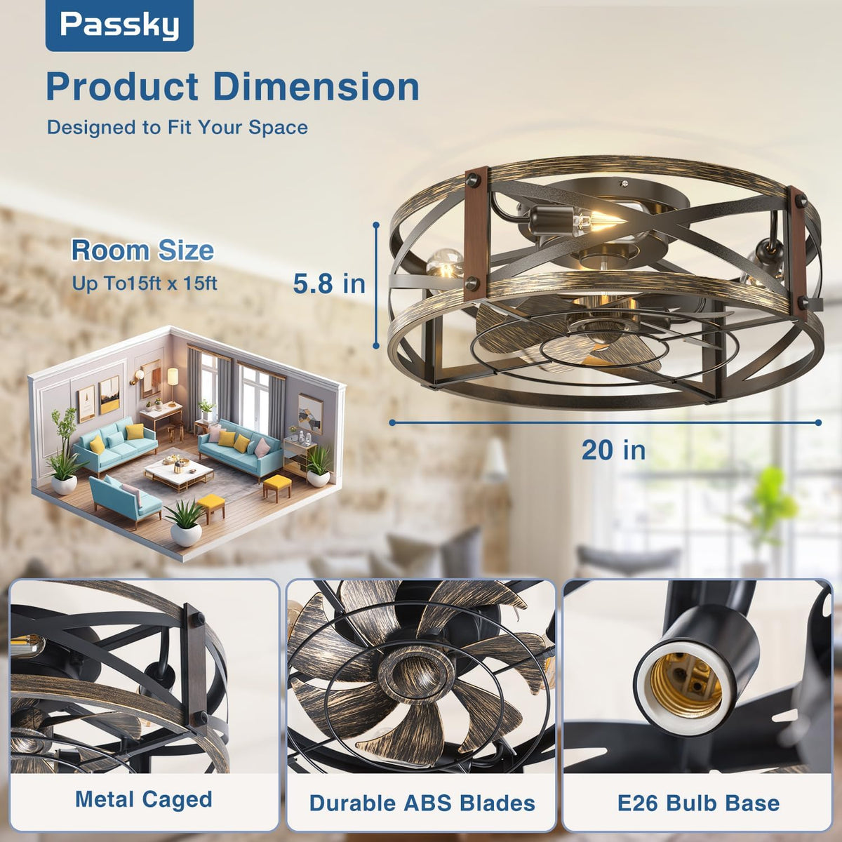 Passky 20" Caged Ceiling Fans with Lights and Remote, Low Profile Fandelier