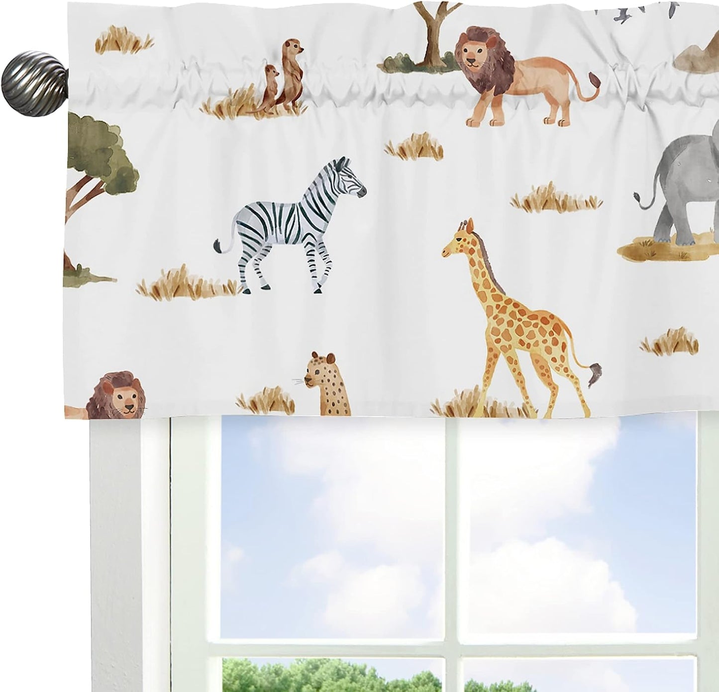 Sweet Jojo Designs Jungle Animals Window Treatment Valance Dark Hunter Green Yellow Grey Rust Orange Black and White Wildlife Safari Animal Gray Elephant Giraffe Lion Monkey Leopard Cheetah Zebra Bird
