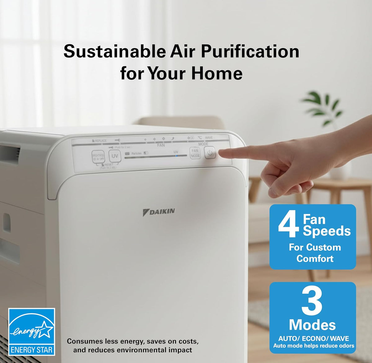 daikin mcb50ysau room air purifier for home, hepa, side view