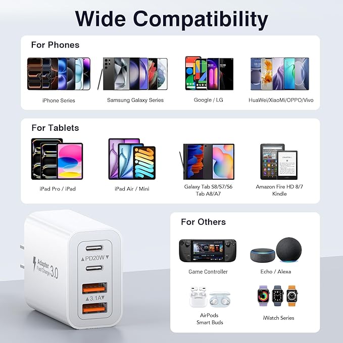 USB C Wall Charger, 40W Fast USB C Charger Block, 4-Port PD+QC Wall Plug Power - Image 4
