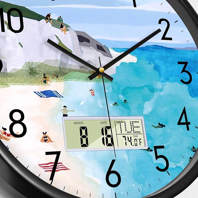 SCOAGE Silent Wall Clock with Temperature Day and Date Blue Mountain and Sea - Image 3