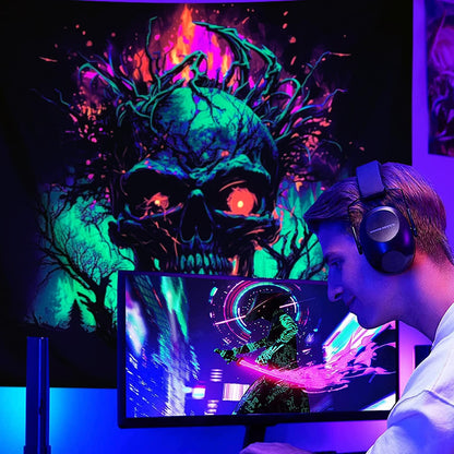 SparkLia Blacklight Fire Skull Tapestry, UV Reactive Burning Skeleton Horror Wall Hanging, Glow in the Dark Scary Dark Forest Surreal Artwork Wall Tapestries Room Decor for Bedroom, Living Room - 29.5" x 39.4"