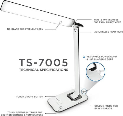 Turcom LED Desk Lamp With USB Charging Port Dimmable Touch Controls w/Color - Image 6