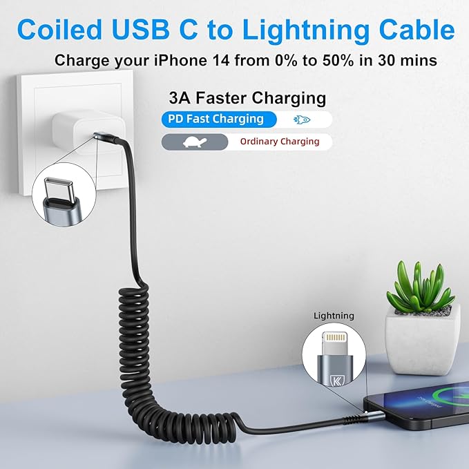 USB C to Lightning Cable 3FT 2Pack, Coiled iPhone Charger Fast Charging - Image 2
