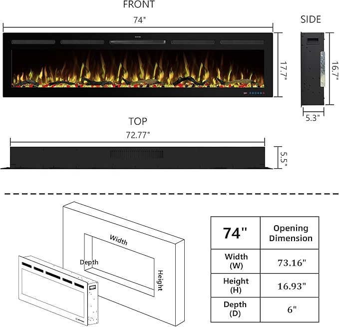 74" WiFi Electric Fireplace Inserts, Recessed and Wall Mounted Fireplace Heater - Image 5