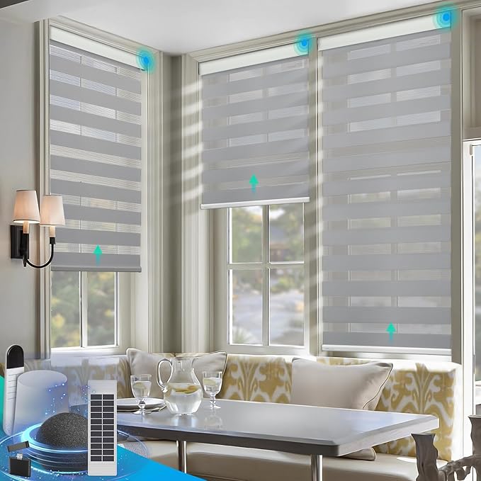 DENFOON Motorized Zebra Blinds, Solar Powered Dual Layer Automatic Shades by DENFOON