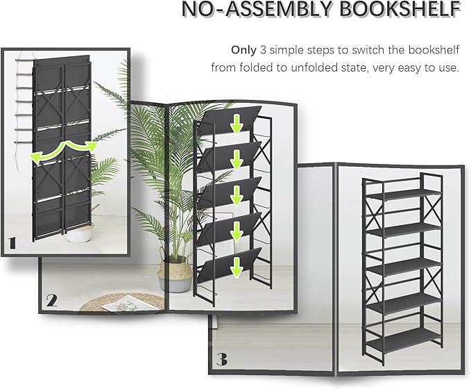 4NM 5 Tiers No Assembly Book Shelves, 51.2" H Folding Bookshelf Bookcase Open - Image 6