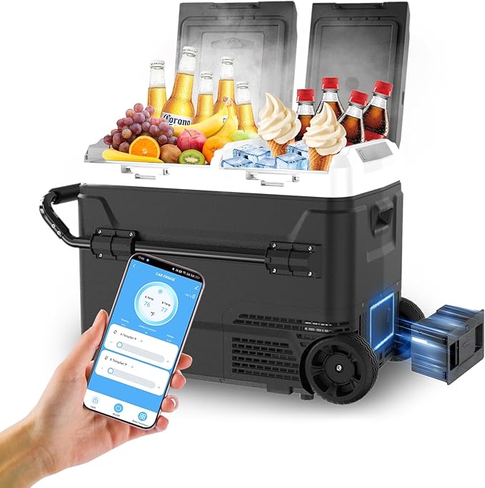 Electric Cooler with Battery 12V 52 Quart Car Refrigerator Dual Zone Dual Door by Jumpdy