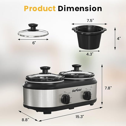 Sunvivi Dual Slow Cooker, Buffet Server and Food Warmer, Small Mini Pot - Image 7