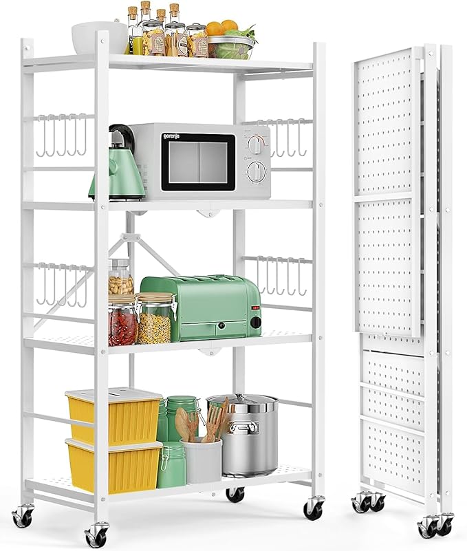 Himix Storage Shelves with 20 Hooks, 4-Tier Foldable Shelves by Himix
